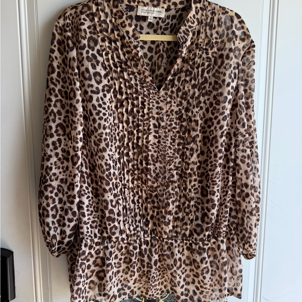 Jones New York Leopard Print V-Neck Peplum Blouse - Brown/Tan